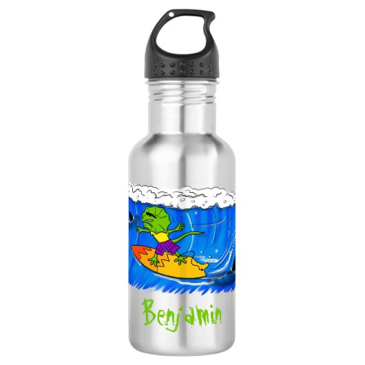 Funny frilly nek lizard surfende cartoon waterfles (Voorkant)