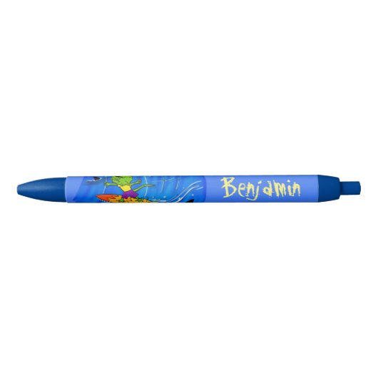 Funny frilly nek lizard surfende cartoon zwarte inkt pen (Voorkant)