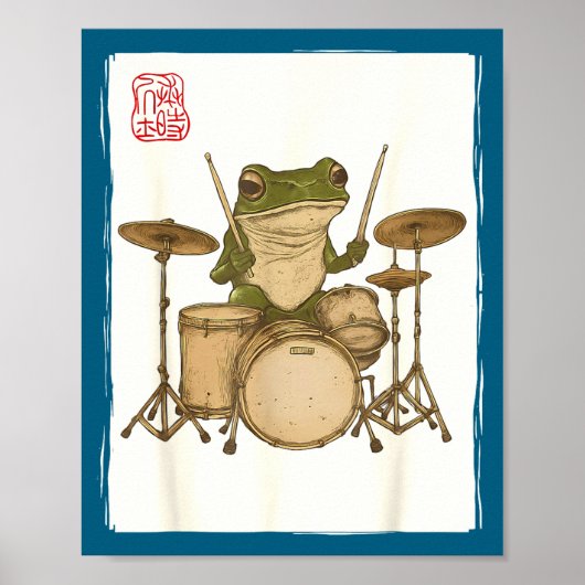 Funny Frog Drum Rock Music Kawaii Japanese  Poster (Voorkant)