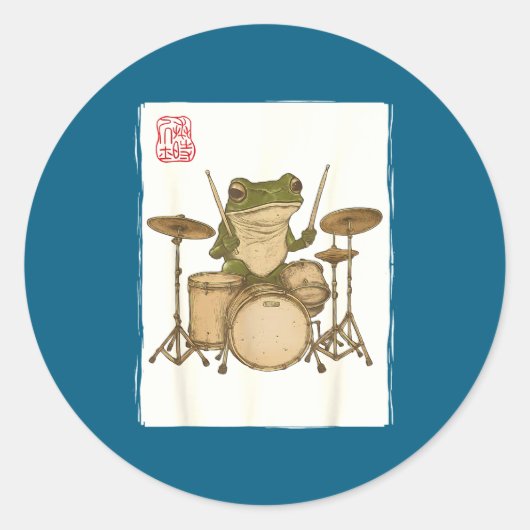 Funny Frog Drum Rock Music Kawaii Japanese Ronde Sticker (Voorkant)