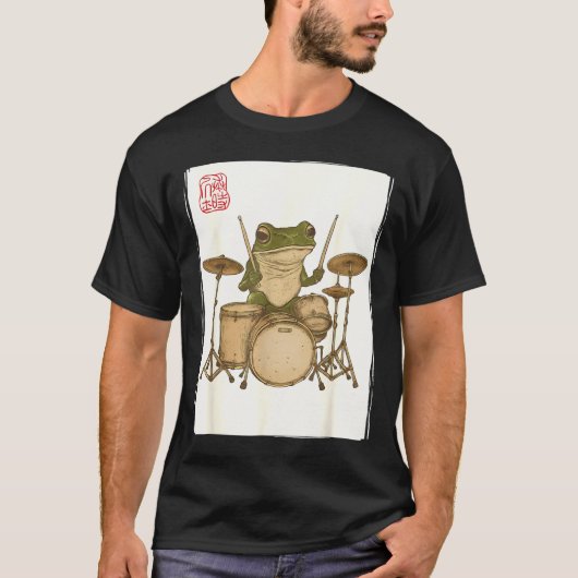 Funny Frog Drum Rock Music Kawaii Japanese  T-shirt (Voorkant)