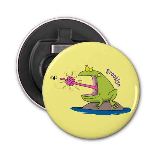 Funny frog en cartoon button flesopener (Voorkant)