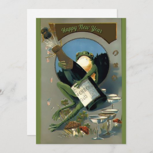  Funny Frog met Champagne Nieuwjaar Feestdagenkaart (Voorkant / Achterkant)
