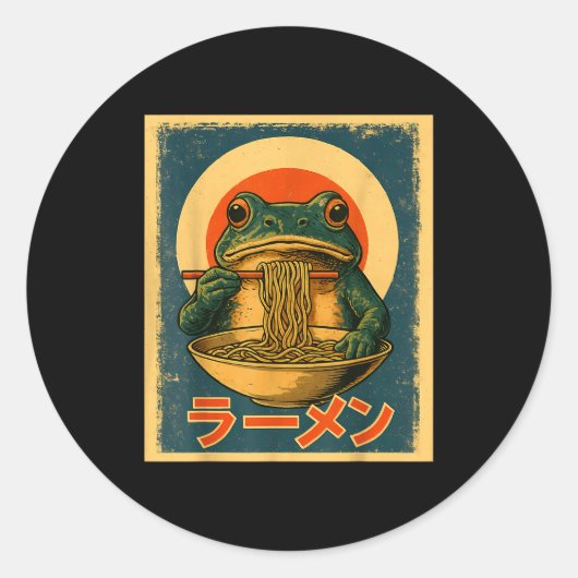 Funny Frog Ramen Kawaii Retro Japanese Rising Sun Ronde Sticker (Voorkant)