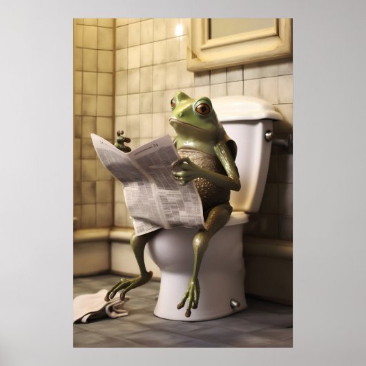 Funny Frog Toilet Print, Newspaper Reading Animal Poster (Voorkant)