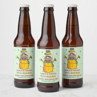 Funny Frosty Beer Man Humor Aangepaste kerstfoto Bier Etiket
