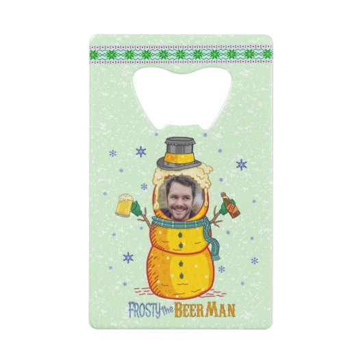 Funny Frosty Beer Man Humor Aangepaste kerstfoto Creditkaart Flessenopener (Voorkant)