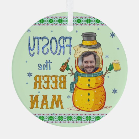 Funny Frosty Beer Man Humor Aangepaste kerstfoto Glas Ornament (Achterkant)