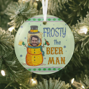 Funny Frosty Beer Man Humor Aangepaste kerstfoto Glas Ornament