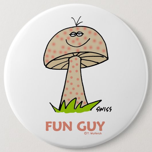 Funny Fun Guy Mushroom Cartoon Button voor een Man (Voorkant)