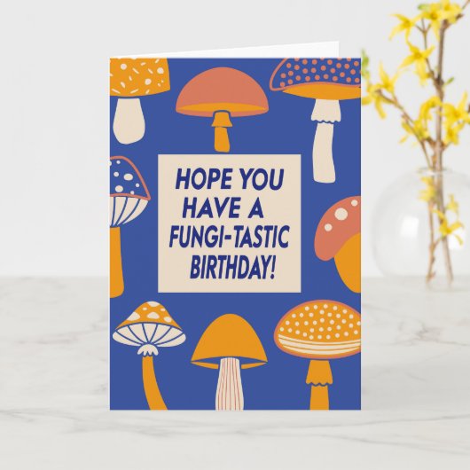 Funny Fungi Mushroom Pun Quote Retro Blauwe Verjaa Kaart (Gele Bloem)