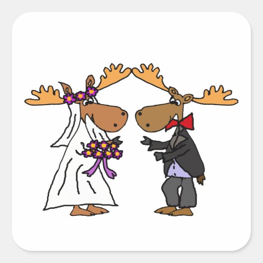 Funny Funky Moose Wedding Cartoon Art Vierkante Sticker (Voorkant)