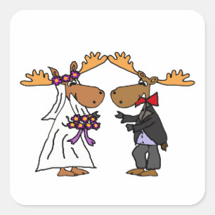 Funny Funky Moose Wedding Cartoon Art Vierkante Sticker