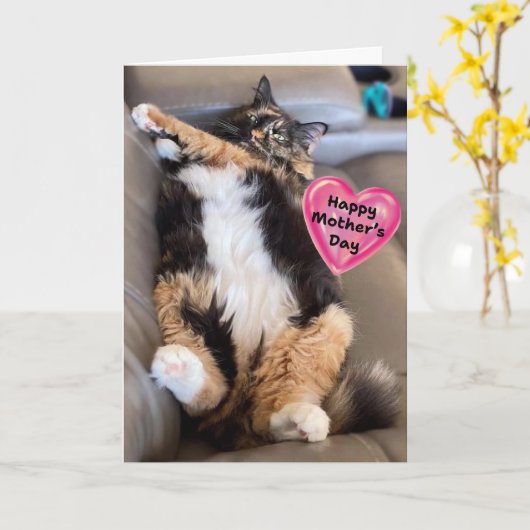 Funny Furry Cat Happy Moederdag Kaart (Gele Bloem)