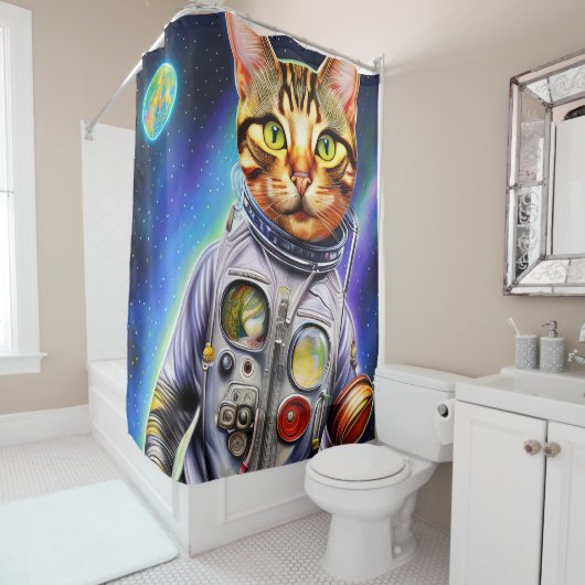 Funny Futuristic Astronaut Cat Douchegordijn (In situ)