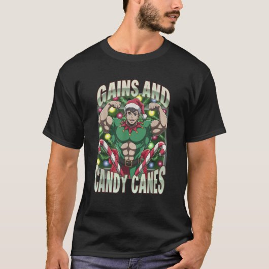 Funny Gains and Candy Canes Christmas Elf Gym Work T-shirt (Voorkant)