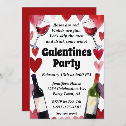 Funny Galentine Wine Hearts Girls Night Kaart (Voorkant / Achterkant)