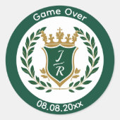 Funny "Game Over" Wedding Monogram Crest Classic Ronde Sticker (Voorkant)