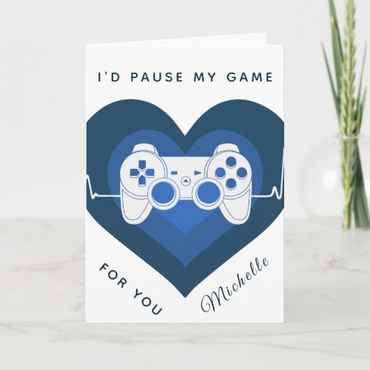 Funny Gamer Blue Heart Controller & Name Ca Kaart (Voorkant)