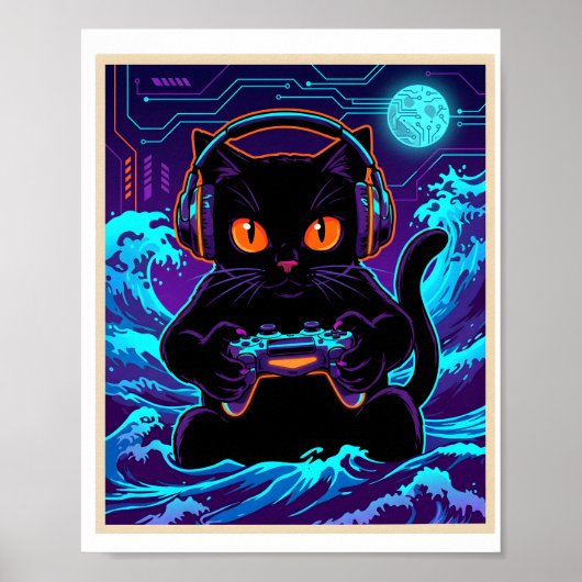 Funny Gamer Cat Neon Cyber Gaming Night Retro Art Poster (Voorkant)
