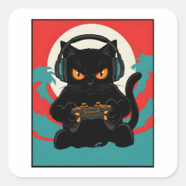 Funny Gamer Cat Retro Controller Headphones Night Vierkante Sticker