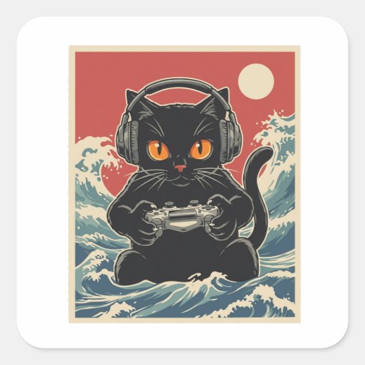Funny Gamer Cat Retro Controller Headphones Night Vierkante Sticker (Voorkant)