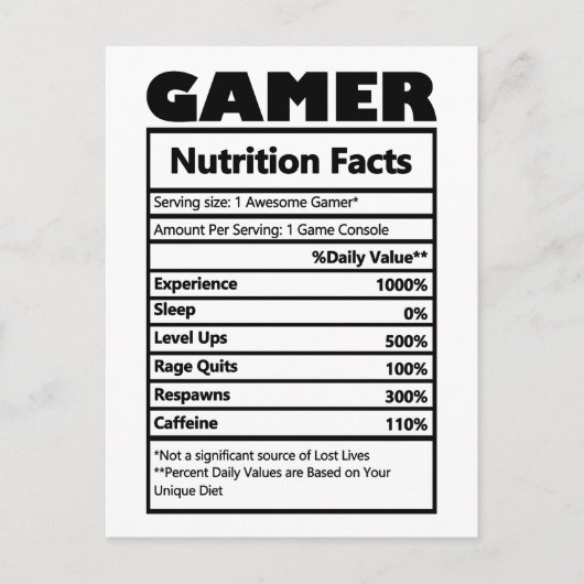 Funny Gamer Nutrition Facts Briefkaart (Voorkant)