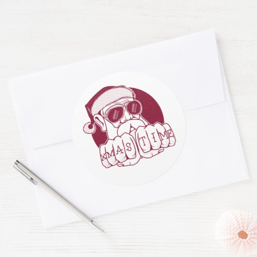 Funny Gangsta Santa Kersttijd Knuckle Tattoo Ronde Sticker (Envelop)