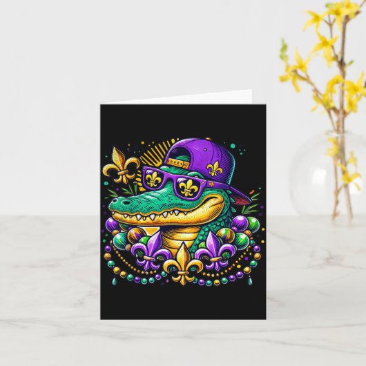 Funny Gator Mardi Gras  Kaart (Gele Bloem)