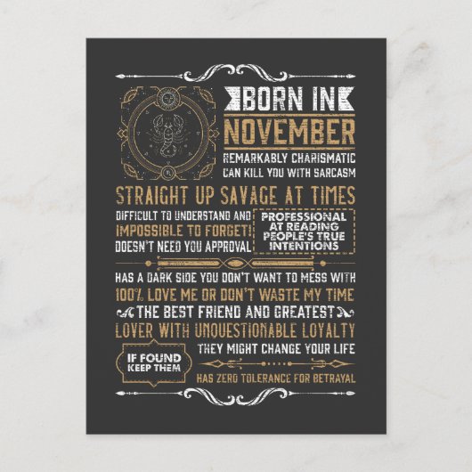 Funny Geboren in november jl. Scorpio Zodiac Sig Briefkaart (Voorkant)