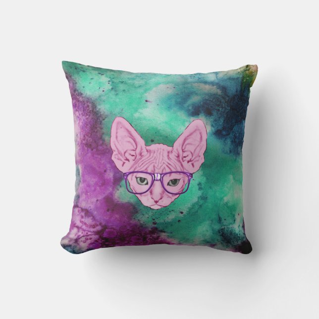 Funny Geeky Cat over Waterverf Backgroun Kussen (Voorkant)