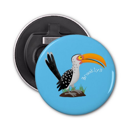 Funny gele paardenvogel cartoon button flesopener (Voorkant)