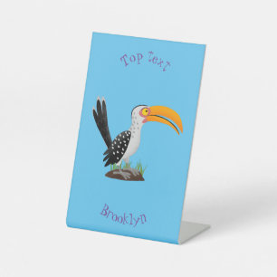 Funny gele paardenvogel cartoon reclamebord met voetstuk