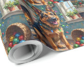 Funny German Shepherd Tangled in Christmas Lights Cadeaupapier (Rol Hoek)