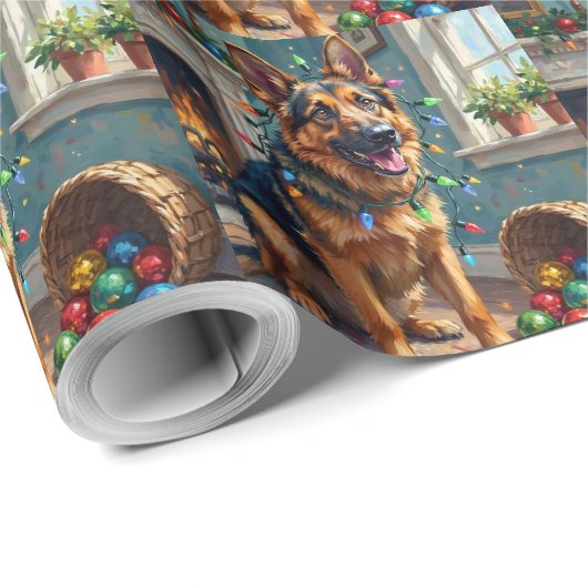Funny German Shepherd Tangled in Christmas Lights Cadeaupapier (Rol Hoek)