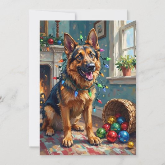 Funny German Shepherd Tangled in Christmas Lights Feestdagenkaart (Voorkant)