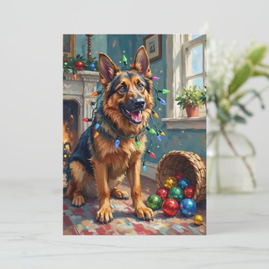Funny German Shepherd Tangled in Christmas Lights Feestdagenkaart (Staand voorkant)