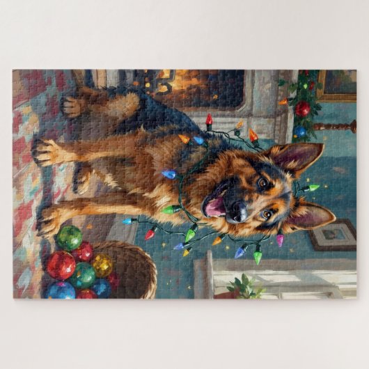 Funny German Shepherd Tangled in Christmas Lights Legpuzzel (Horizontaal)
