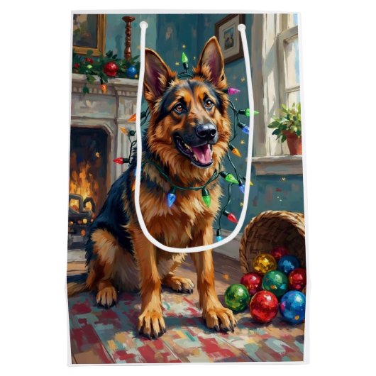Funny German Shepherd Tangled in Christmas Lights Medium Cadeauzakje (Achterkant)