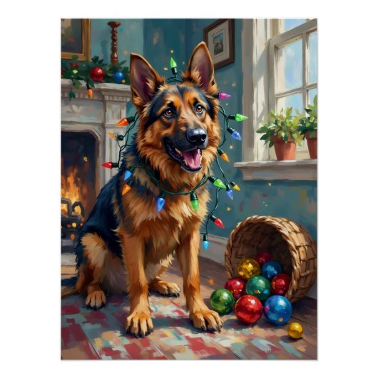 Funny German Shepherd Tangled in Christmas Lights Perfect Poster (Voorkant)