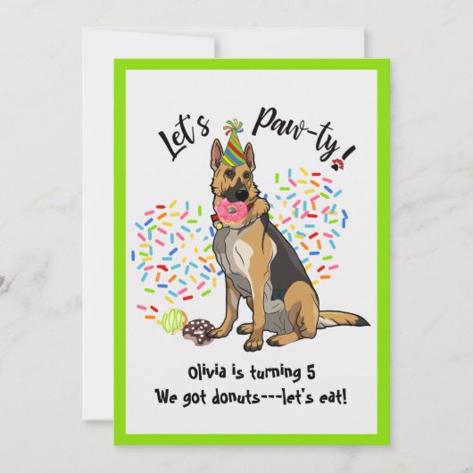Funny German Sherherd Birthday Party Invite Kaart (Voorkant)