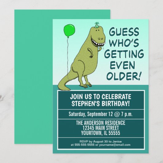 Funny Getting Ouder Dinosaur Birthday Party Kaart (Voorkant / Achterkant)