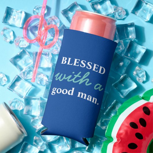 Funny "Gezegend met een goed Man" Blauw & Wit Seltzer Blikjeskoeler (Insitu Zomer)