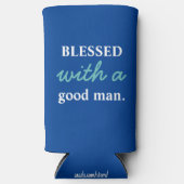 Funny "Gezegend met een goed Man" Blauw & Wit Seltzer Blikjeskoeler (Voorkant)