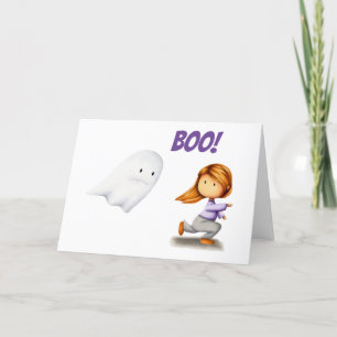 Funny Ghost and Girl Running Boo Halloween Feestdagen Kaart