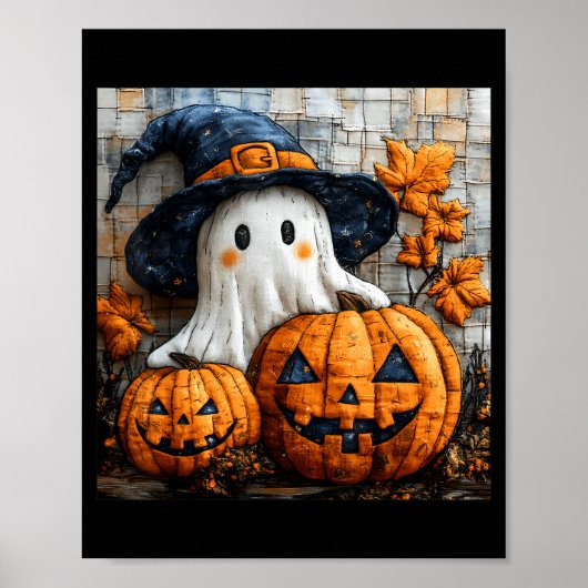 Funny Ghost Pumpkin Cute Halloween Patchwork Art Poster (Voorkant)