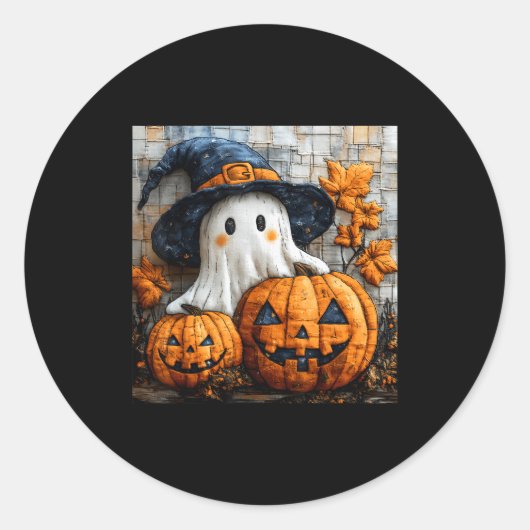 Funny Ghost Pumpkin Cute Halloween Patchwork Art  Ronde Sticker (Voorkant)