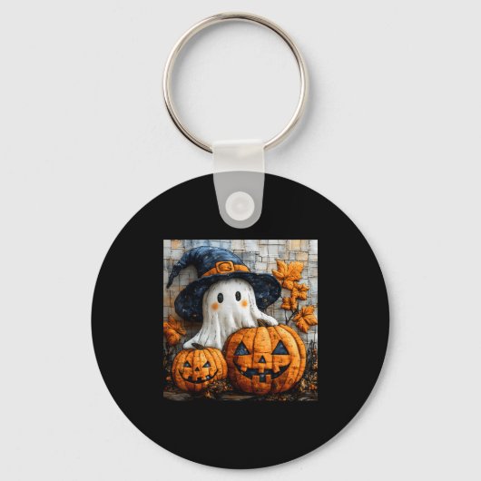 Funny Ghost Pumpkin Cute Halloween Patchwork Art  Sleutelhanger (Voorkant)