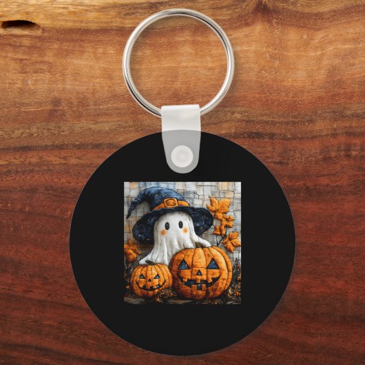 Funny Ghost Pumpkin Cute Halloween Patchwork Art Sleutelhanger (Voorkant)