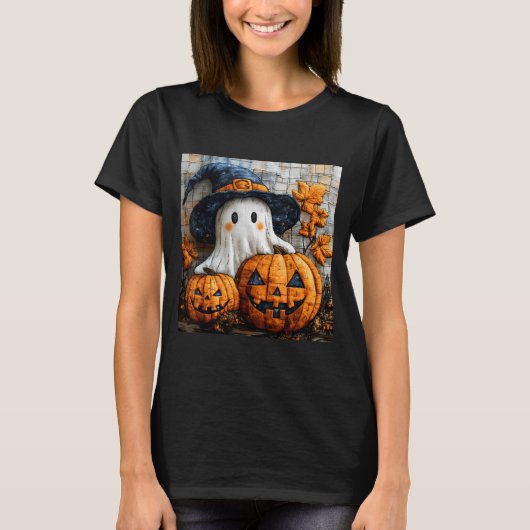 Funny Ghost Pumpkin Cute Halloween Patchwork Art  T-shirt (Voorkant)